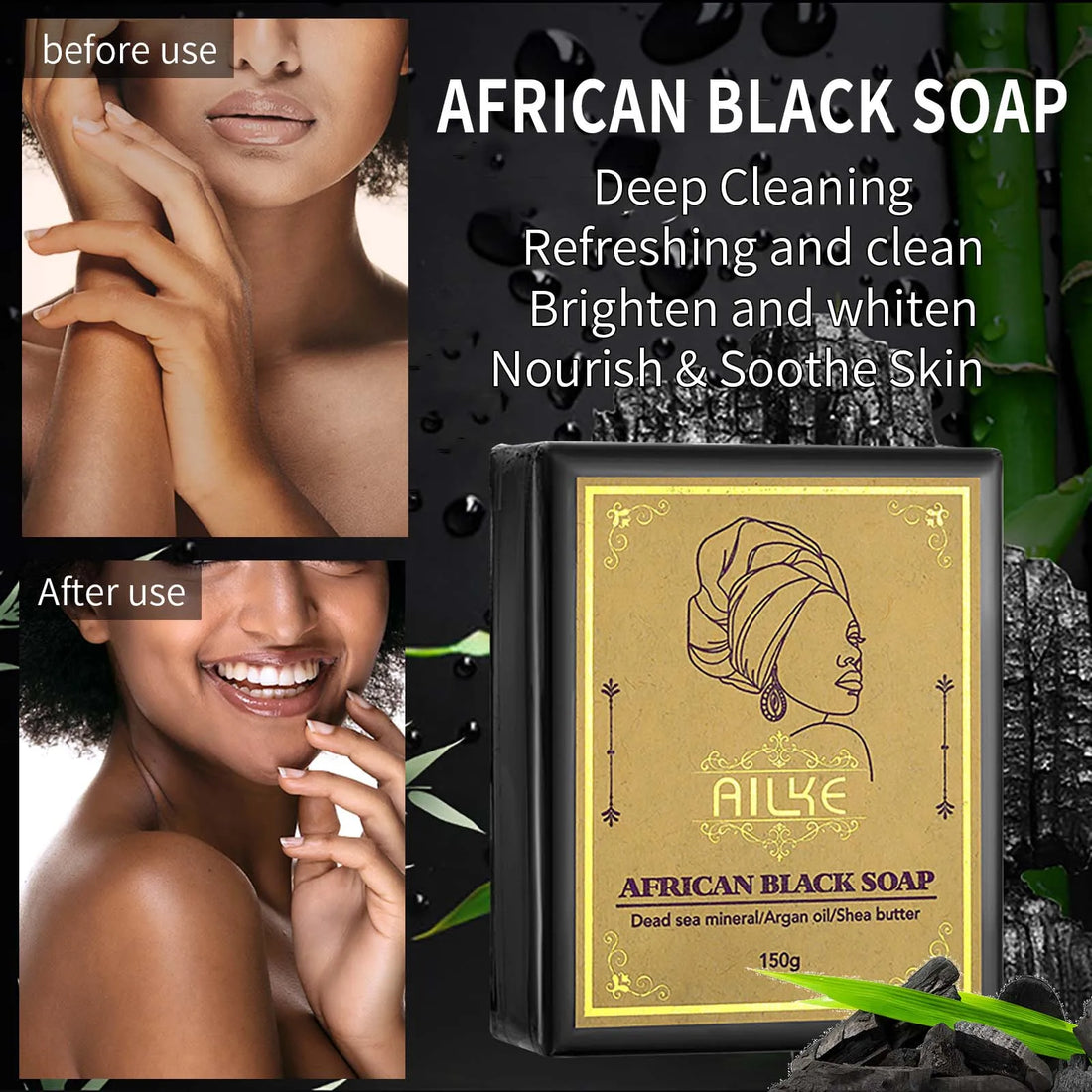 AILKE African Natural Black Soap for Face & Body