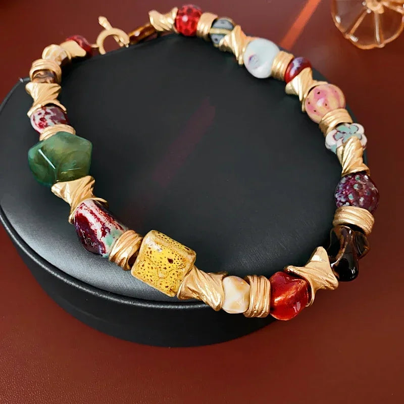Vintage Floral Round Ceramic Necklace